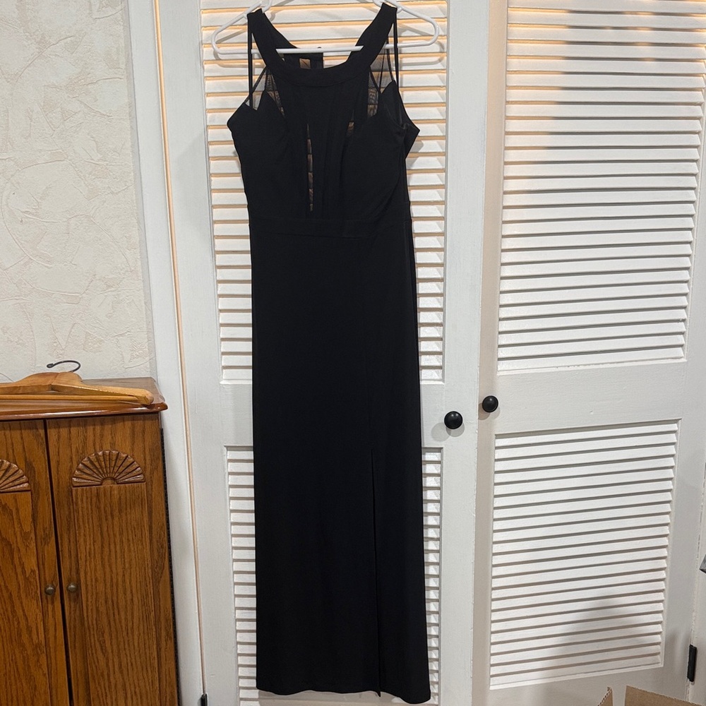 Enfocus Studio Elegant Black Maxi Dress with mesh cutouts
